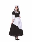 Pilgrim Lady Hattie- adukt female black dress with attached white apron & white Mobcao